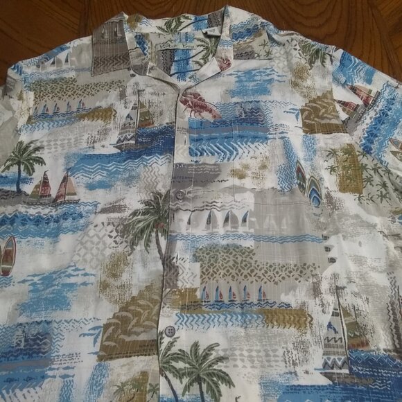 'palms and boats"  Themed Men's Button Up Shirt - Picture 2 of 3